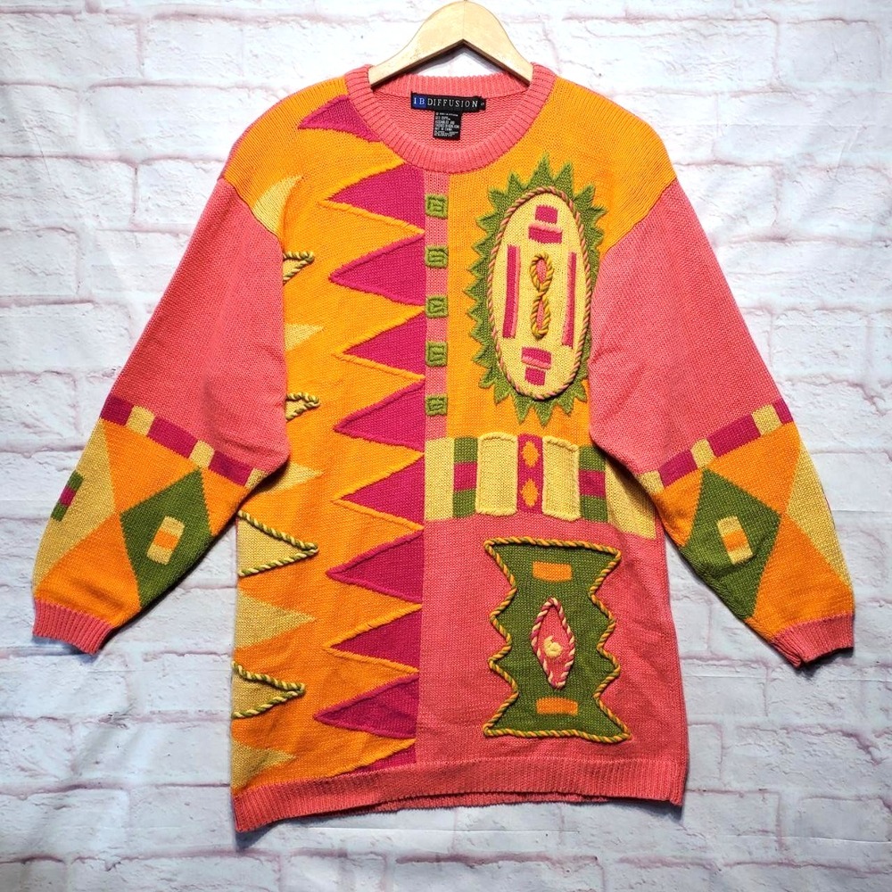 VTG IB Diffusion Sweater Womens S Pink Orange Geometric Abstract 90s Grandmacore